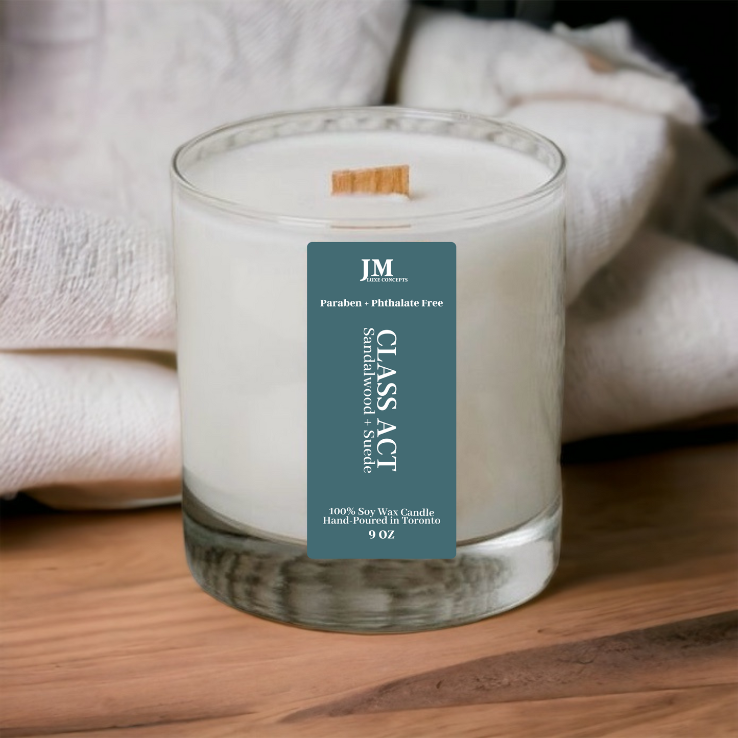 Sandalwood + Suede Scented Soy Wax Candle with a Wooden Wick - Class Act