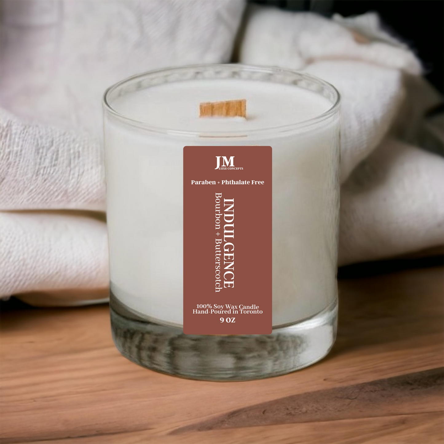 Bourbon + Butterscotch Scented Soy Candle with Wooden Wick – Rich, Sweet & Warm, 9oz