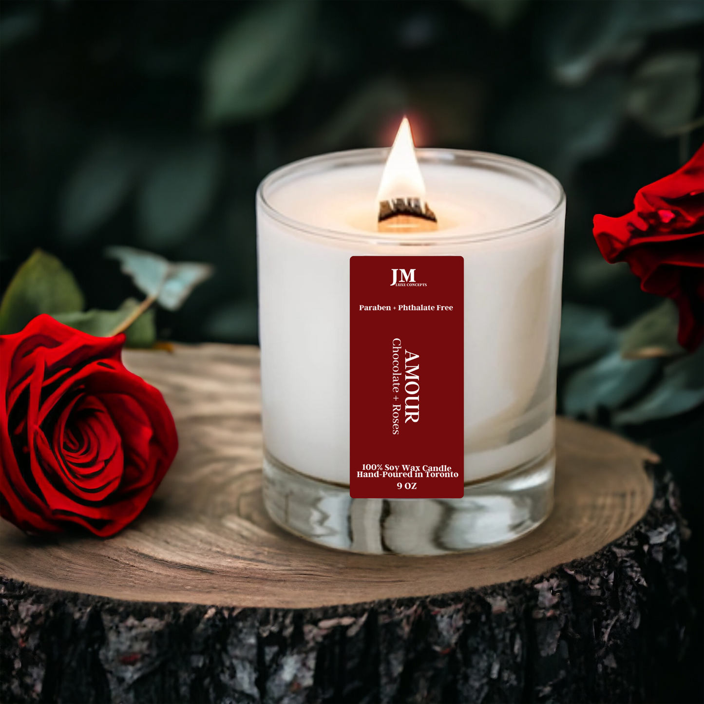 Chocolate + Roses Scented Soy Wax Candle With a Wooden Wick – 9oz Luxurious & Inviting Aroma