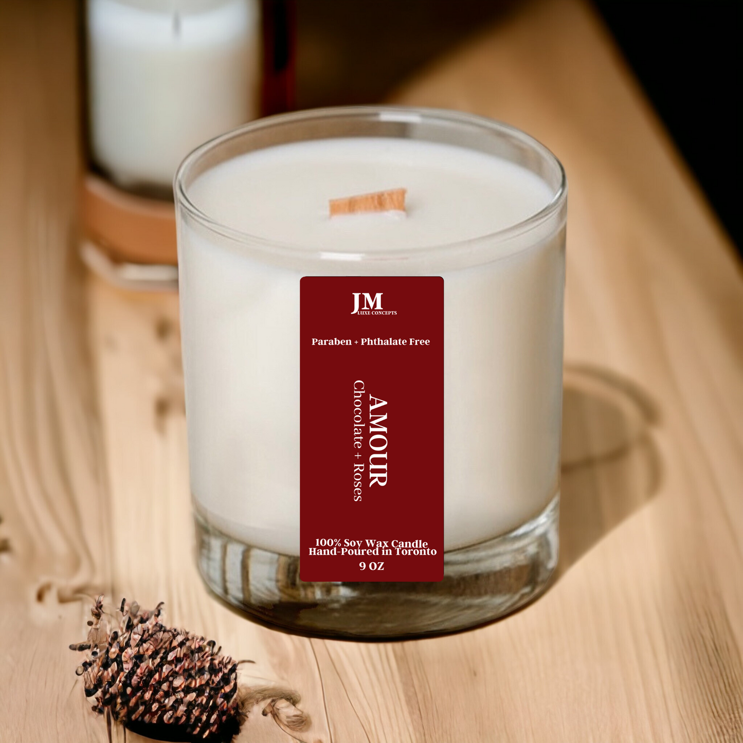 Chocolate + Roses Scented Soy Wax Candle With a Wooden Wick – 9oz Luxurious & Inviting Aroma