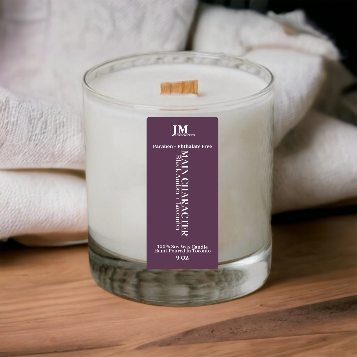 Black Amber & Lavender Scented Soy Candle with Wooden Wick – Sophisticated, Warm & Floral, 9oz