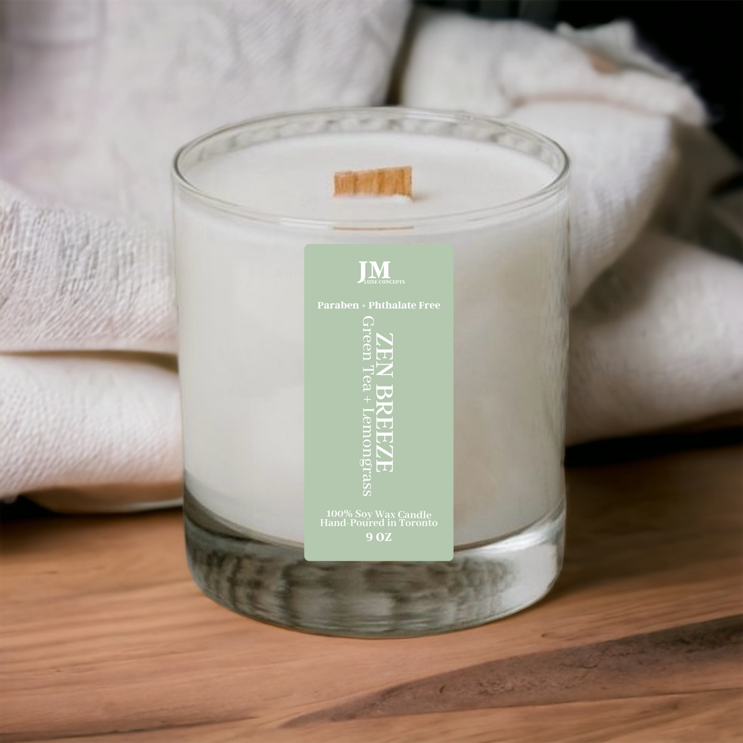 Green Tea & Lemongrass Scented Soy Candle with Wooden Wick – Fresh, Invigorating & Aromatic, 9oz