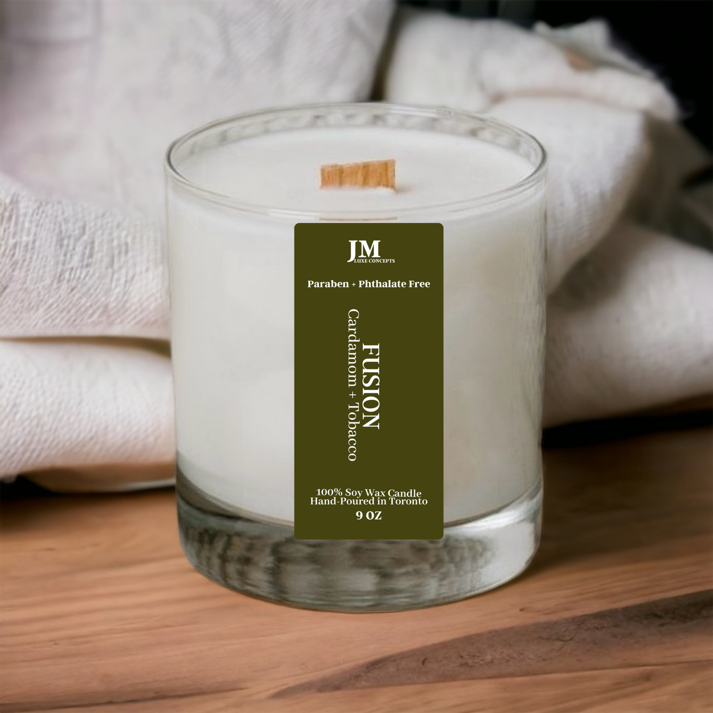 Cardamom + Tobacco Scented Soy Candle with Crackling Wooden Wick – Warm, Spicy & Inviting, 9oz