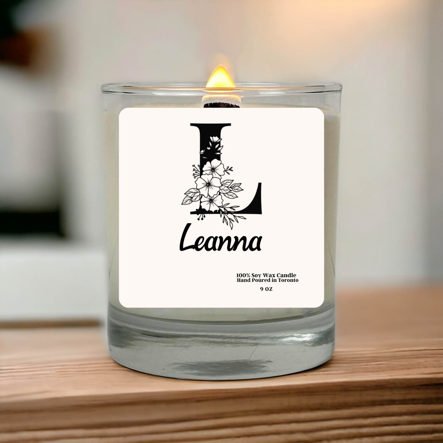 Personalized Floral Initial Candle – Hand-Poured Soy Wax Candle, Minimalist Gift for Her, 9 oz