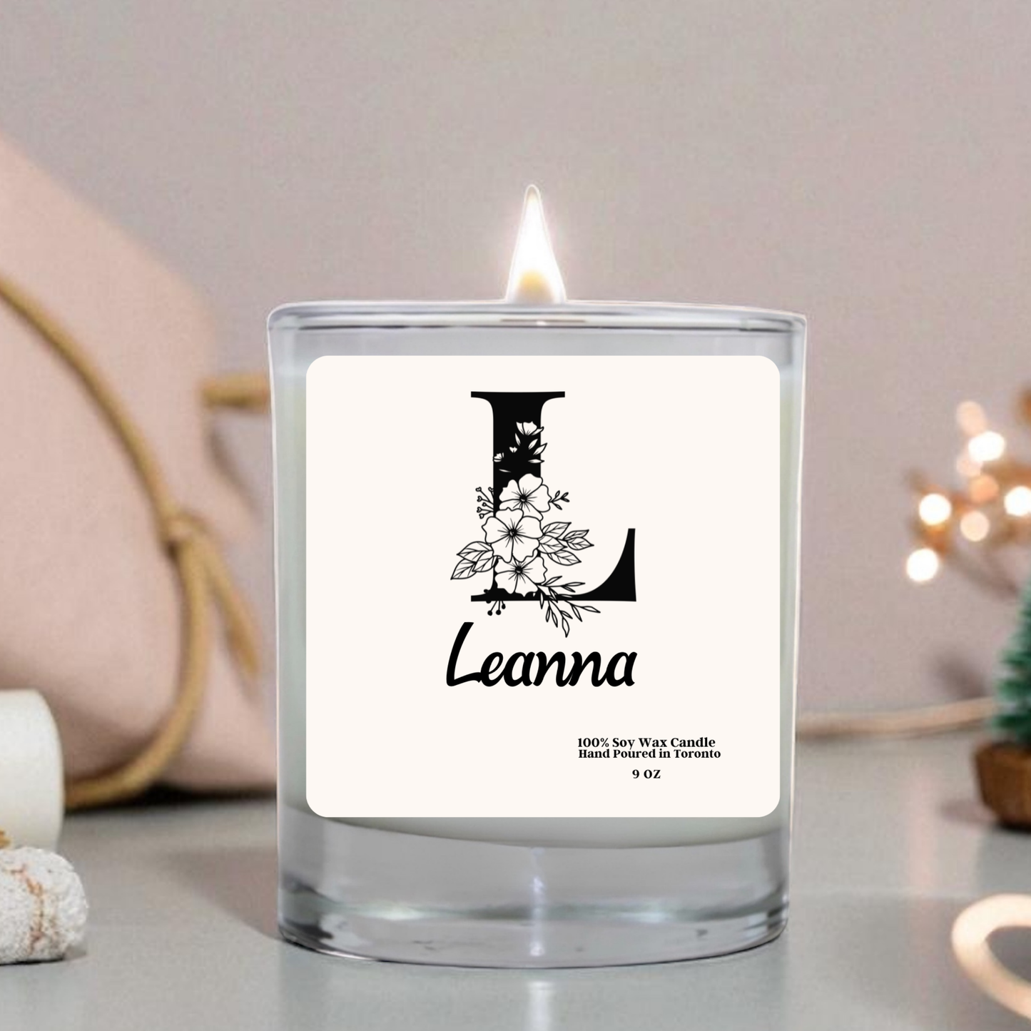 Personalized Floral Initial Candle – Hand-Poured Soy Wax Candle, Minimalist Gift for Her, 9 oz
