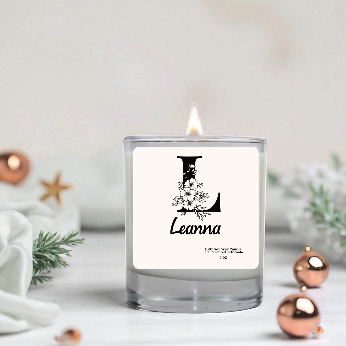 Personalized Floral Initial Candle – Hand-Poured Soy Wax Candle, Minimalist Gift for Her, 9 oz