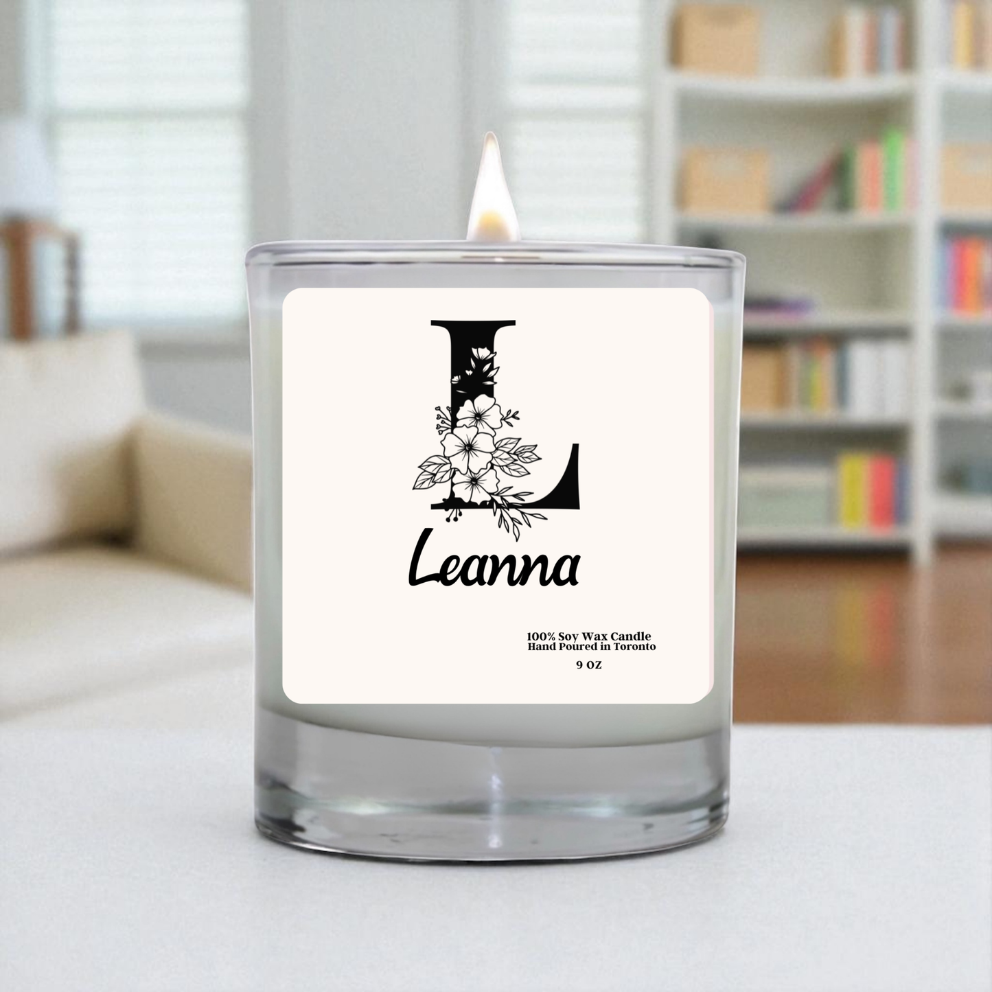 Personalized Floral Initial Candle – Hand-Poured Soy Wax Candle, Minimalist Gift for Her, 9 oz